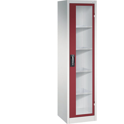 Vision panel double door cupboard, HxWxD 1950 x 502 x 500 mm, 4 shelves, light grey / ruby red.