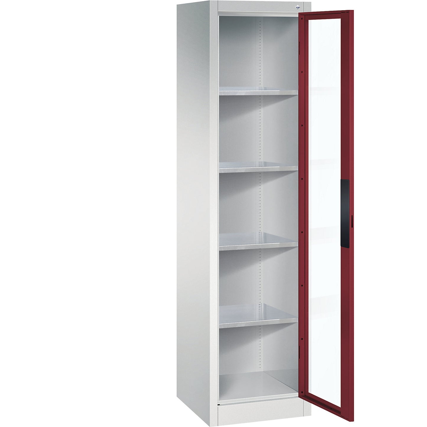 Vision panel double door cupboard, HxWxD 1950 x 502 x 500 mm, 4 shelves, light grey / ruby red.