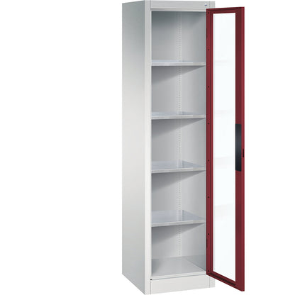 Vision panel double door cupboard, HxWxD 1950 x 502 x 500 mm, 4 shelves, light grey / ruby red.