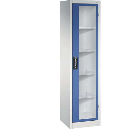 Vision panel double door cupboard, HxWxD 1950 x 502 x 500 mm, 4 shelves, light grey / gentian blue.