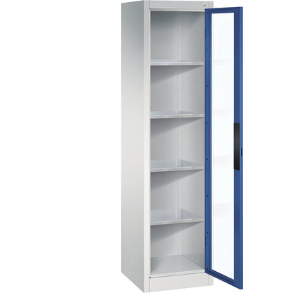 Vision panel double door cupboard, HxWxD 1950 x 502 x 500 mm, 4 shelves, light grey / gentian blue.