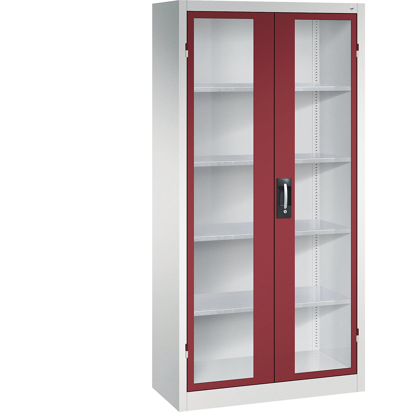 Vision panel double door cupboard, HxWxD 1950 x 930 x 400 mm, 4 shelves, light grey / ruby red.