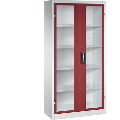 Vision panel double door cupboard, HxWxD 1950 x 930 x 400 mm, 4 shelves, light grey / ruby red.