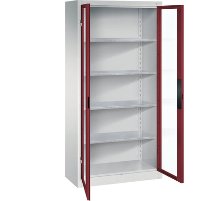 Vision panel double door cupboard, HxWxD 1950 x 930 x 400 mm, 4 shelves, light grey / ruby red.