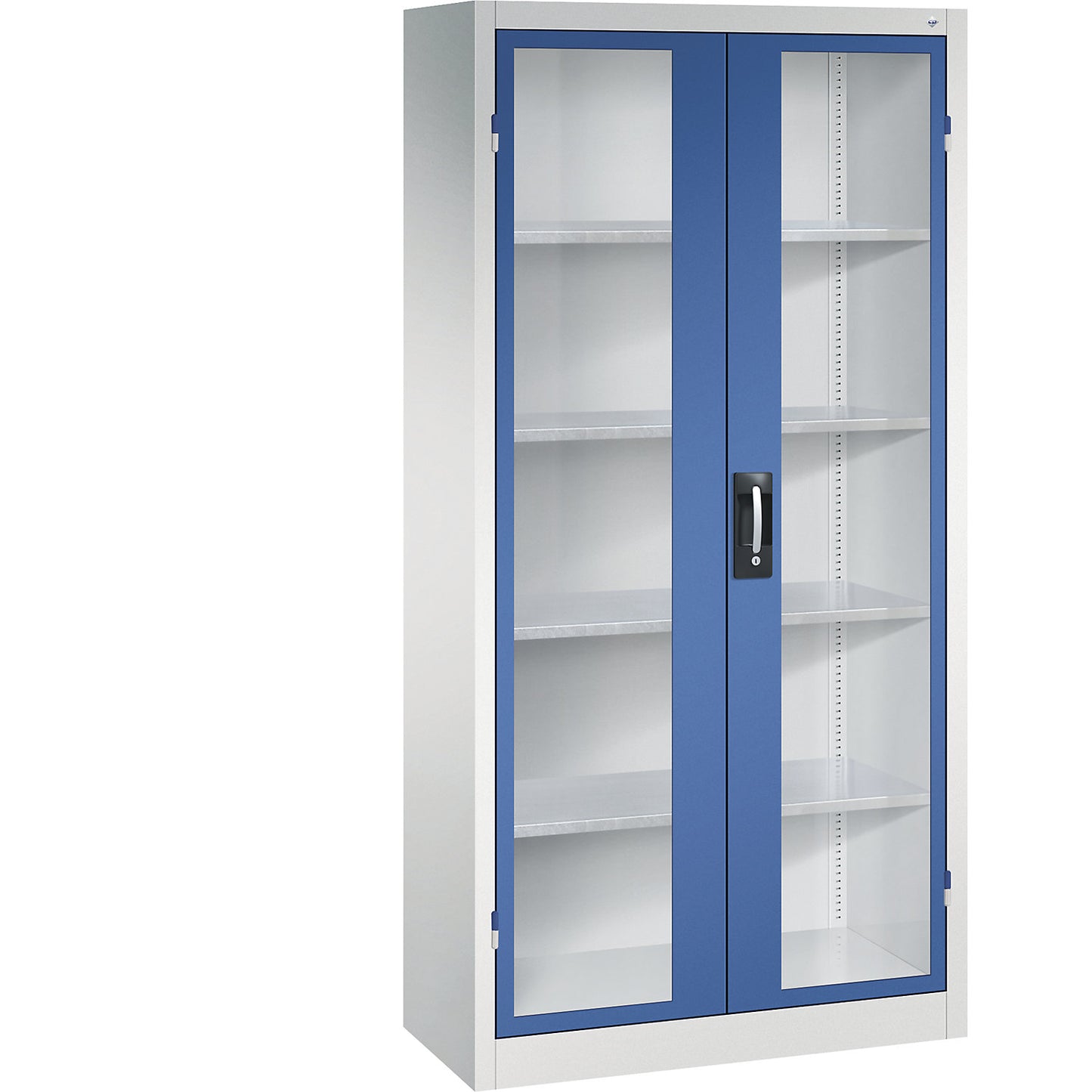 Vision panel double door cupboard, HxWxD 1950 x 930 x 400 mm, 4 shelves, light grey / gentian blue.