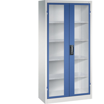 Vision panel double door cupboard, HxWxD 1950 x 930 x 400 mm, 4 shelves, light grey / gentian blue.