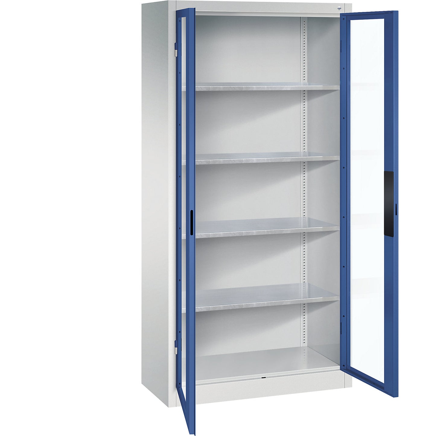 Vision panel double door cupboard, HxWxD 1950 x 930 x 400 mm, 4 shelves, light grey / gentian blue.
