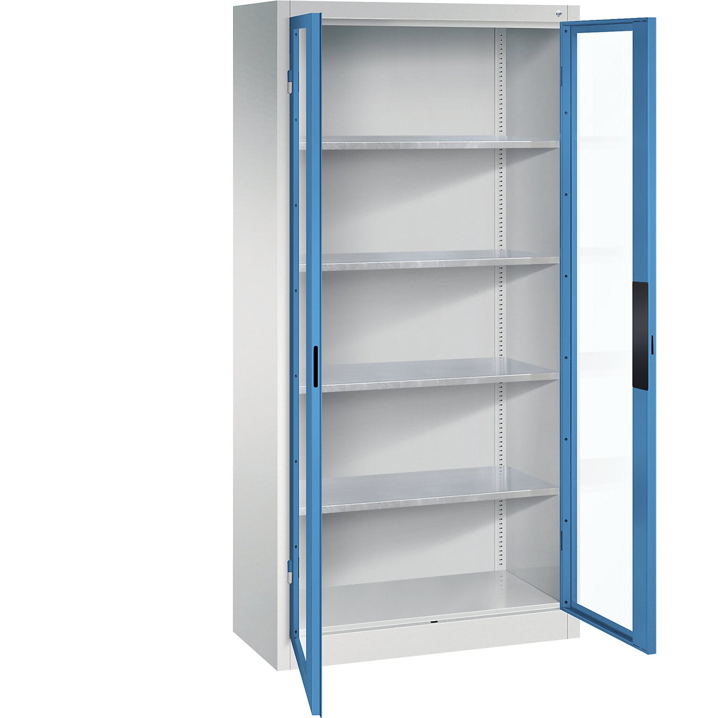 Vision panel double door cupboard, HxWxD 1950 x 930 x 400 mm, 4 shelves, light grey / light blue.