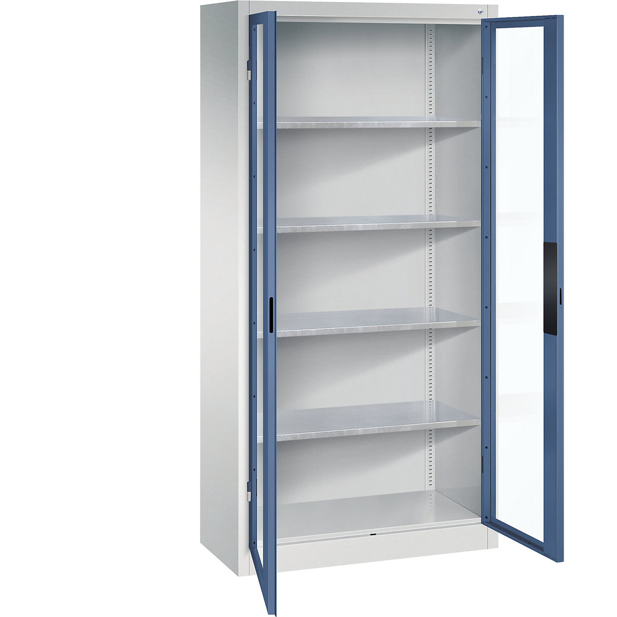 Vision panel double door cupboard, HxWxD 1950 x 930 x 400 mm, 4 shelves, light grey / distant blue.