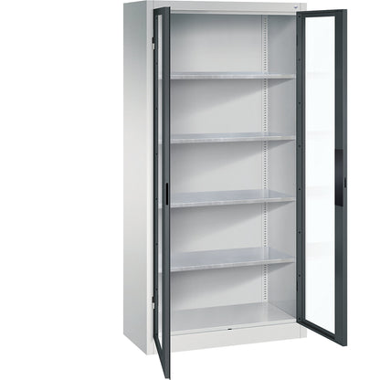 Vision panel double door cupboard, HxWxD 1950 x 930 x 400 mm, 4 shelves, light grey / charcoal.