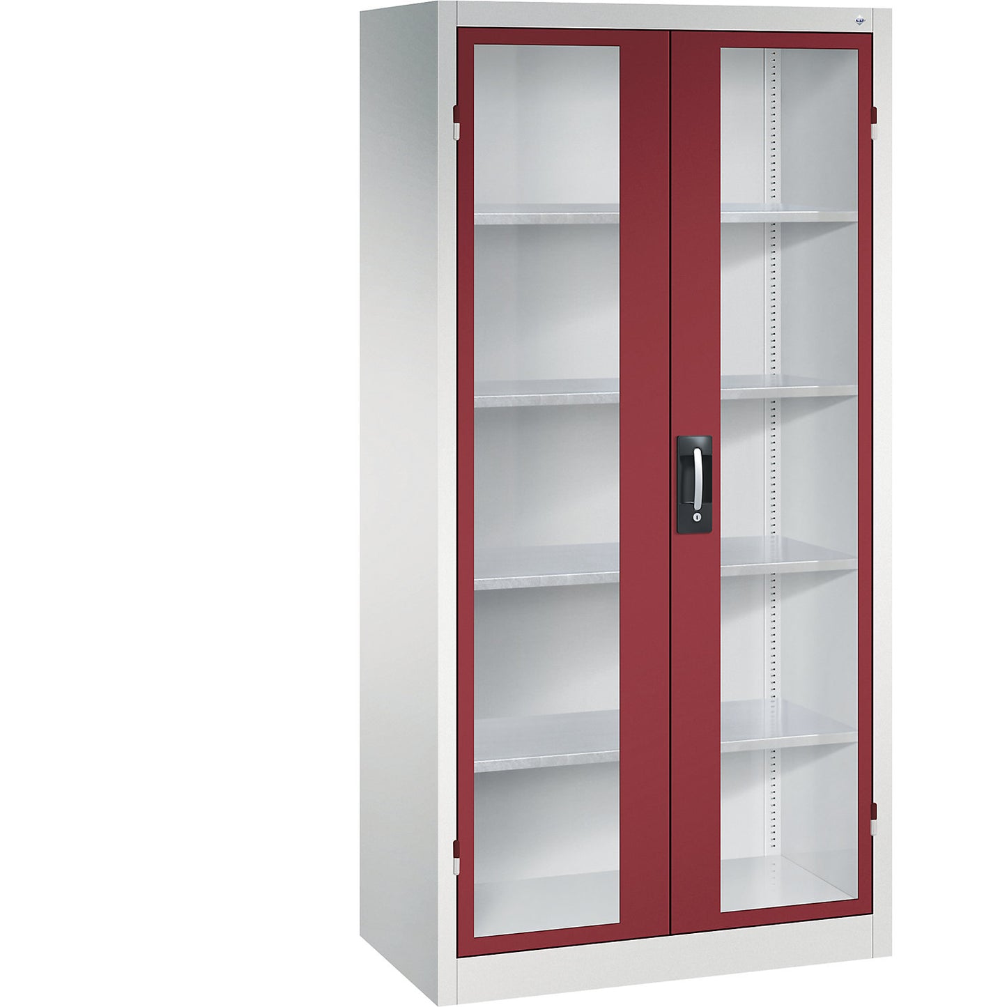 Vision panel double door cupboard, HxWxD 1950 x 930 x 500 mm, 4 shelves, light grey / ruby red.
