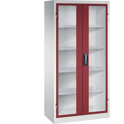 Vision panel double door cupboard, HxWxD 1950 x 930 x 500 mm, 4 shelves, light grey / ruby red.