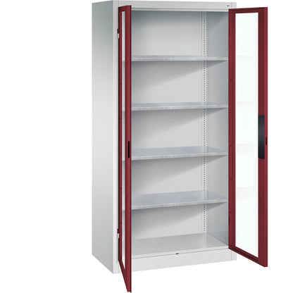 Vision panel double door cupboard, HxWxD 1950 x 930 x 500 mm, 4 shelves, light grey / ruby red.