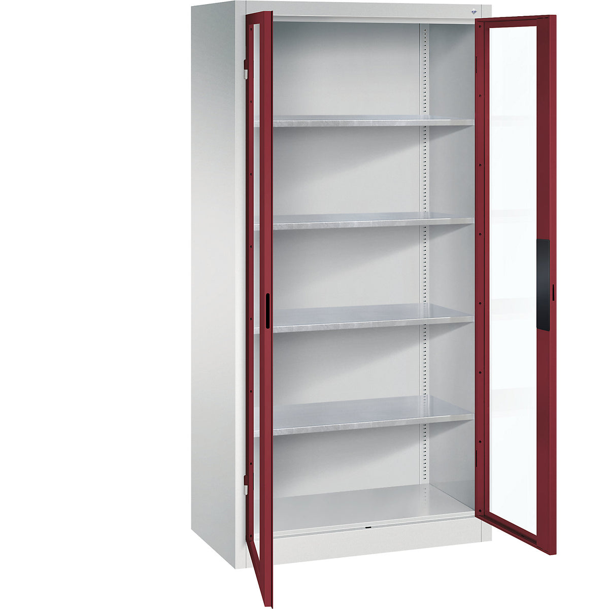 Vision panel double door cupboard, HxWxD 1950 x 930 x 500 mm, 4 shelves, light grey / ruby red.