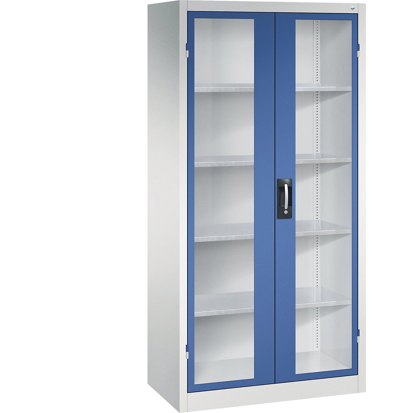Vision panel double door cupboard, HxWxD 1950 x 930 x 500 mm, 4 shelves, light grey / gentian blue.