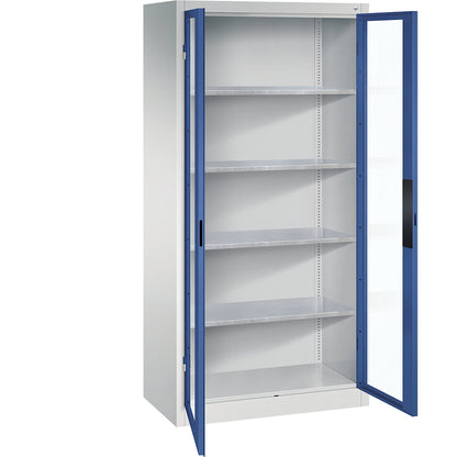 Vision panel double door cupboard, HxWxD 1950 x 930 x 500 mm, 4 shelves, light grey / gentian blue.