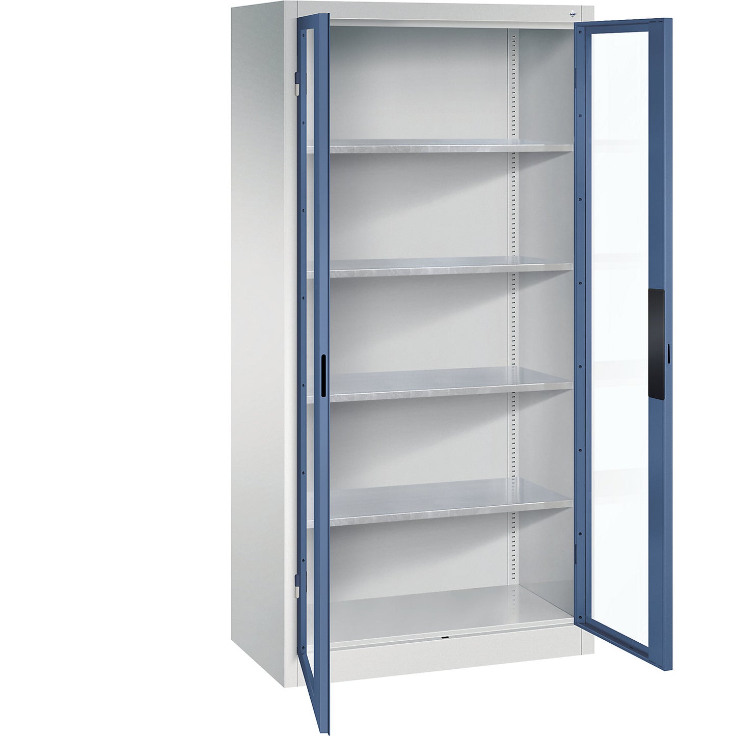 Vision panel double door cupboard, HxWxD 1950 x 930 x 500 mm, 4 shelves, light grey / distant blue.