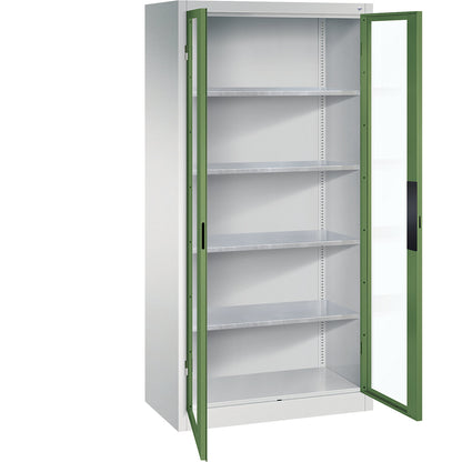 Vision panel double door cupboard, HxWxD 1950 x 930 x 500 mm, 4 shelves, light grey / reseda green.