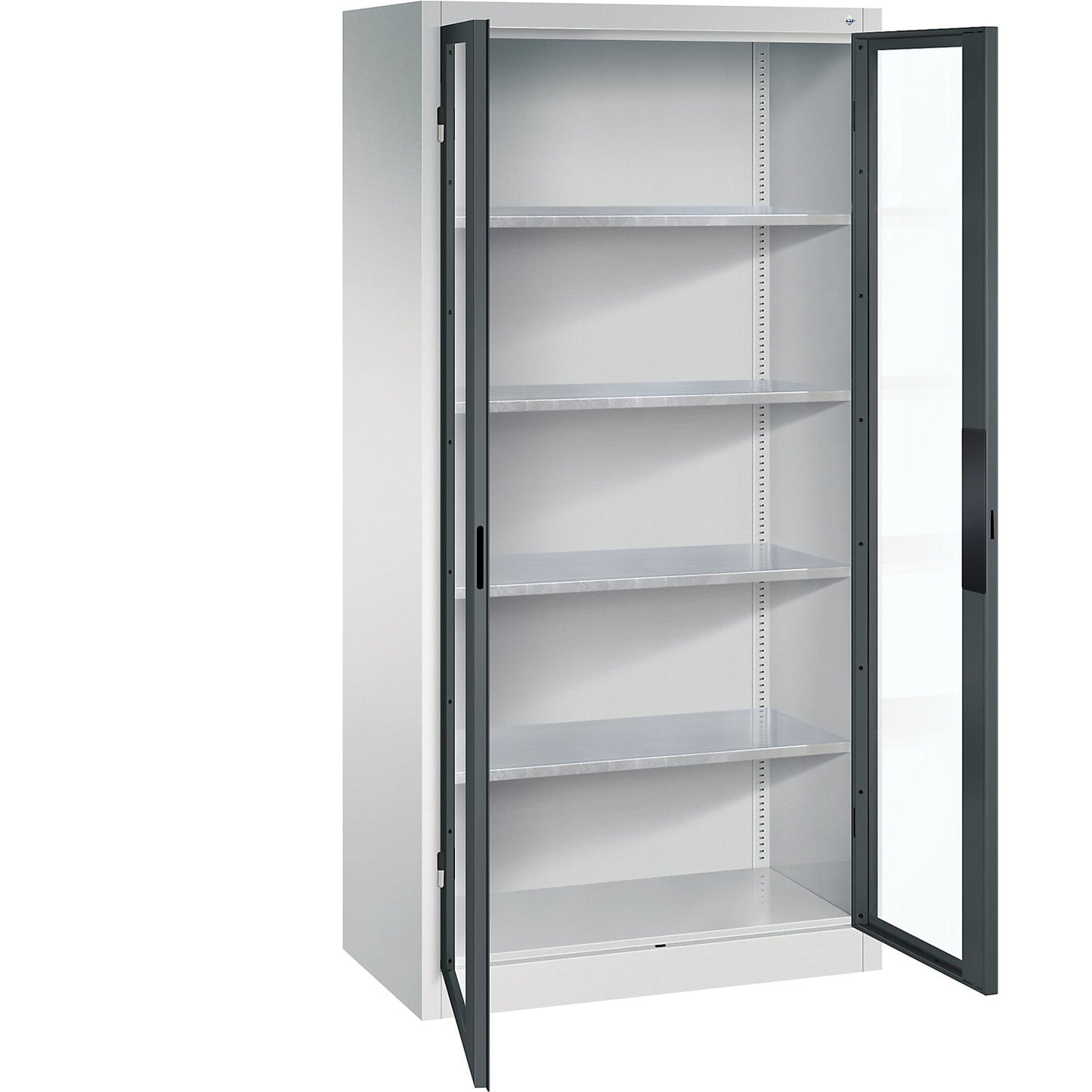 Vision panel double door cupboard, HxWxD 1950 x 930 x 500 mm, 4 shelves, light grey / charcoal.