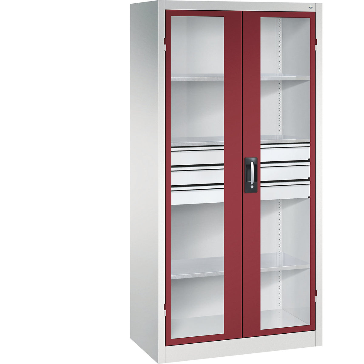 Vision panel double door cupboard, HxWxD 1950 x 930 x 500 mm, with 3 shelves, 3 drawers, light grey / ruby red.