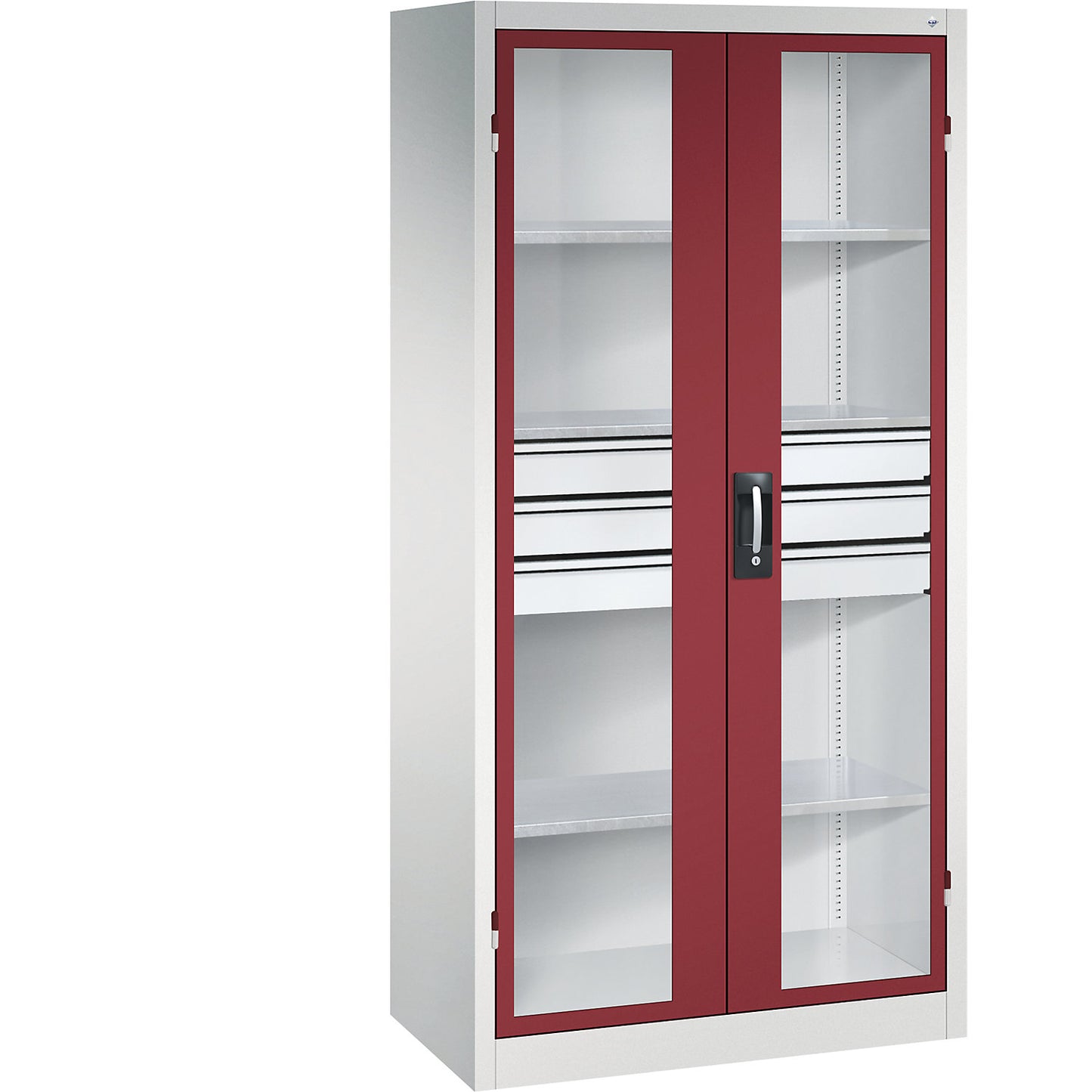 Vision panel double door cupboard, HxWxD 1950 x 930 x 500 mm, with 3 shelves, 3 drawers, light grey / ruby red.