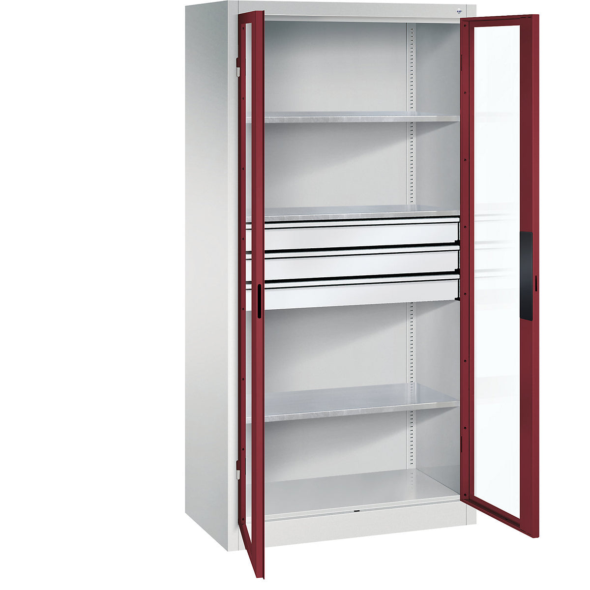 Vision panel double door cupboard, HxWxD 1950 x 930 x 500 mm, with 3 shelves, 3 drawers, light grey / ruby red.