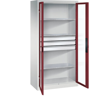 Vision panel double door cupboard, HxWxD 1950 x 930 x 500 mm, with 3 shelves, 3 drawers, light grey / ruby red.