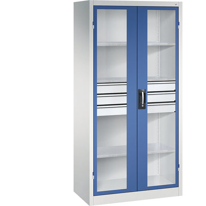 Vision panel double door cupboard, HxWxD 1950 x 930 x 500 mm, with 3 shelves, 3 drawers, light grey / gentian blue.
