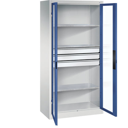 Vision panel double door cupboard, HxWxD 1950 x 930 x 500 mm, with 3 shelves, 3 drawers, light grey / gentian blue.