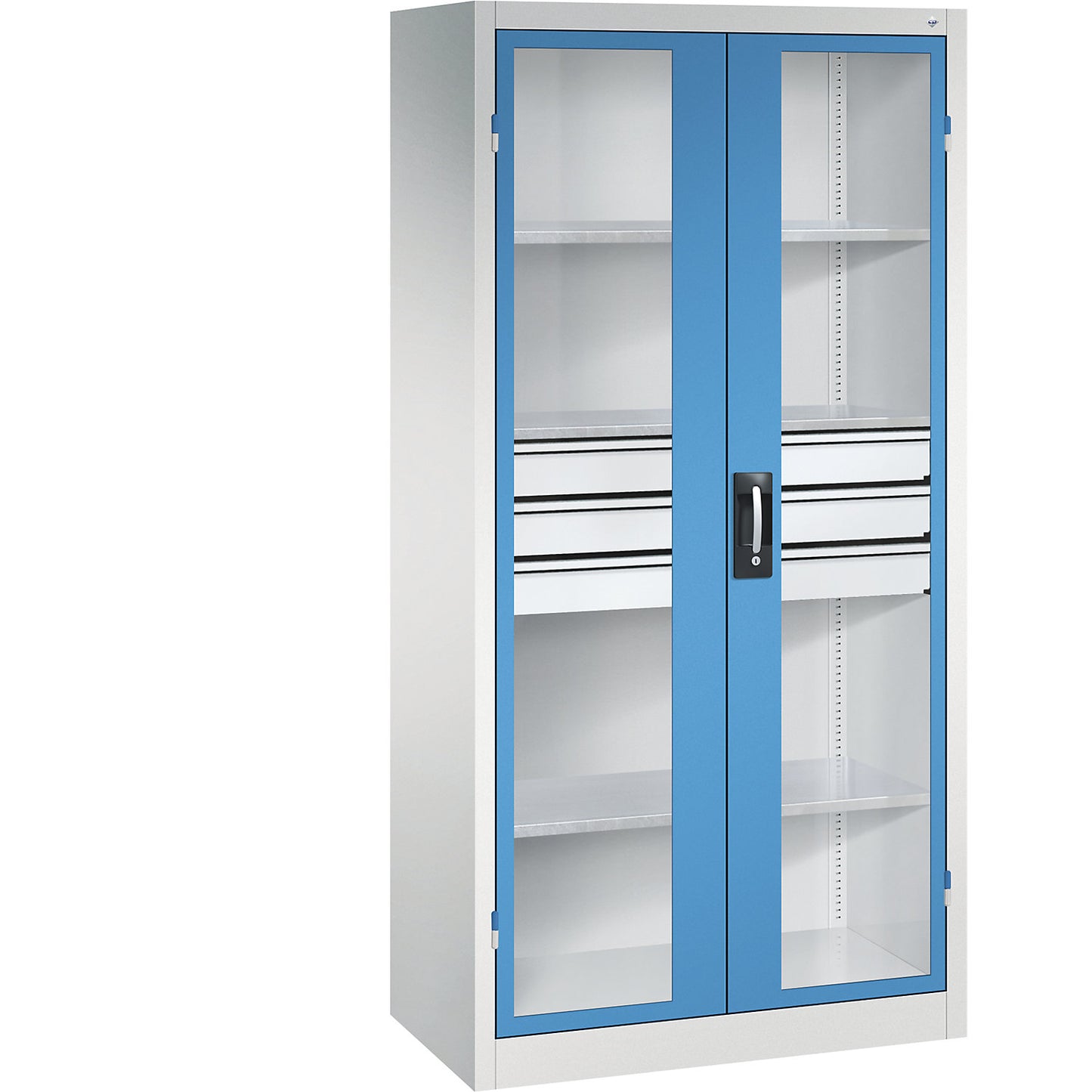 Vision panel double door cupboard, HxWxD 1950 x 930 x 500 mm, with 3 shelves, 3 drawers, light grey / light blue.