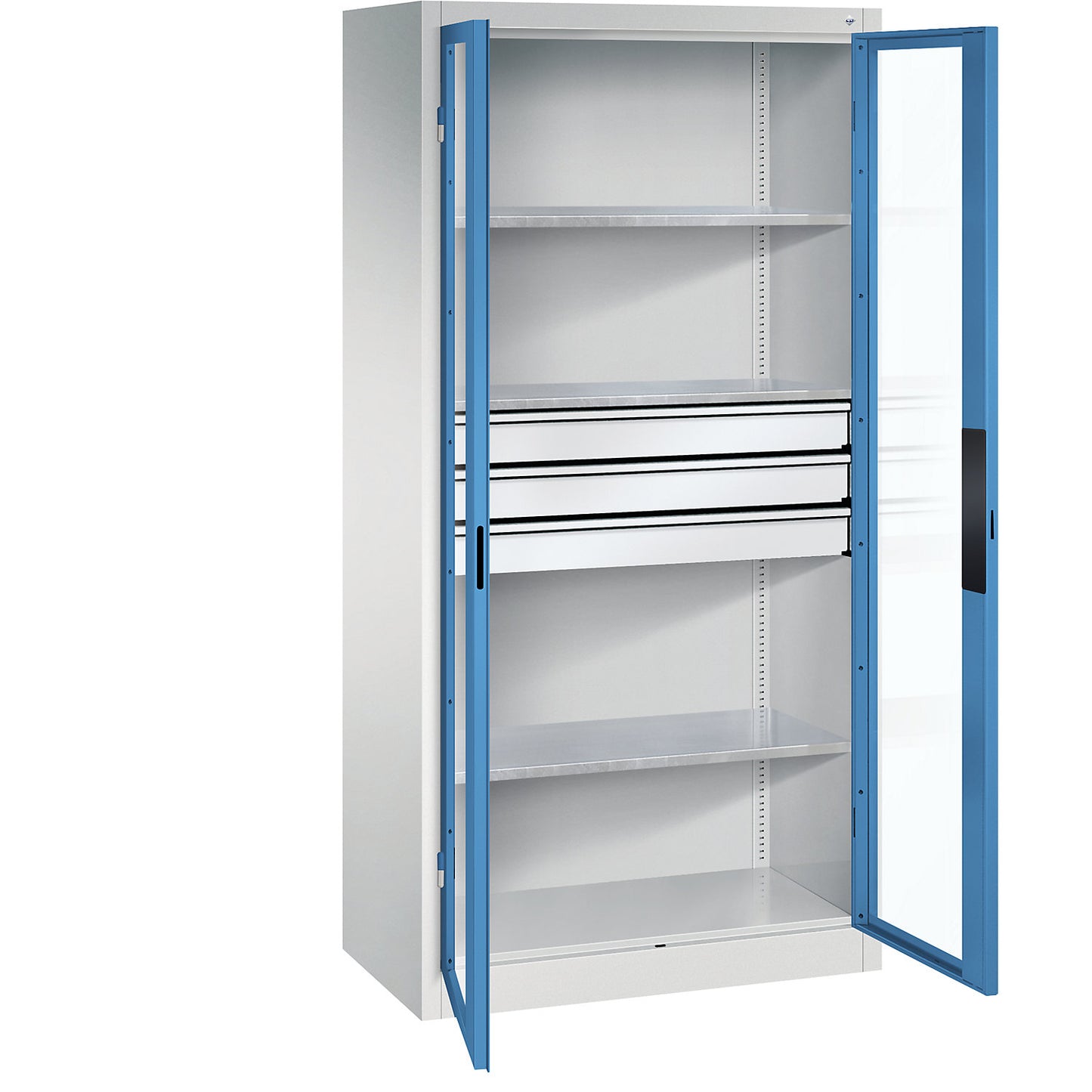 Vision panel double door cupboard, HxWxD 1950 x 930 x 500 mm, with 3 shelves, 3 drawers, light grey / light blue.
