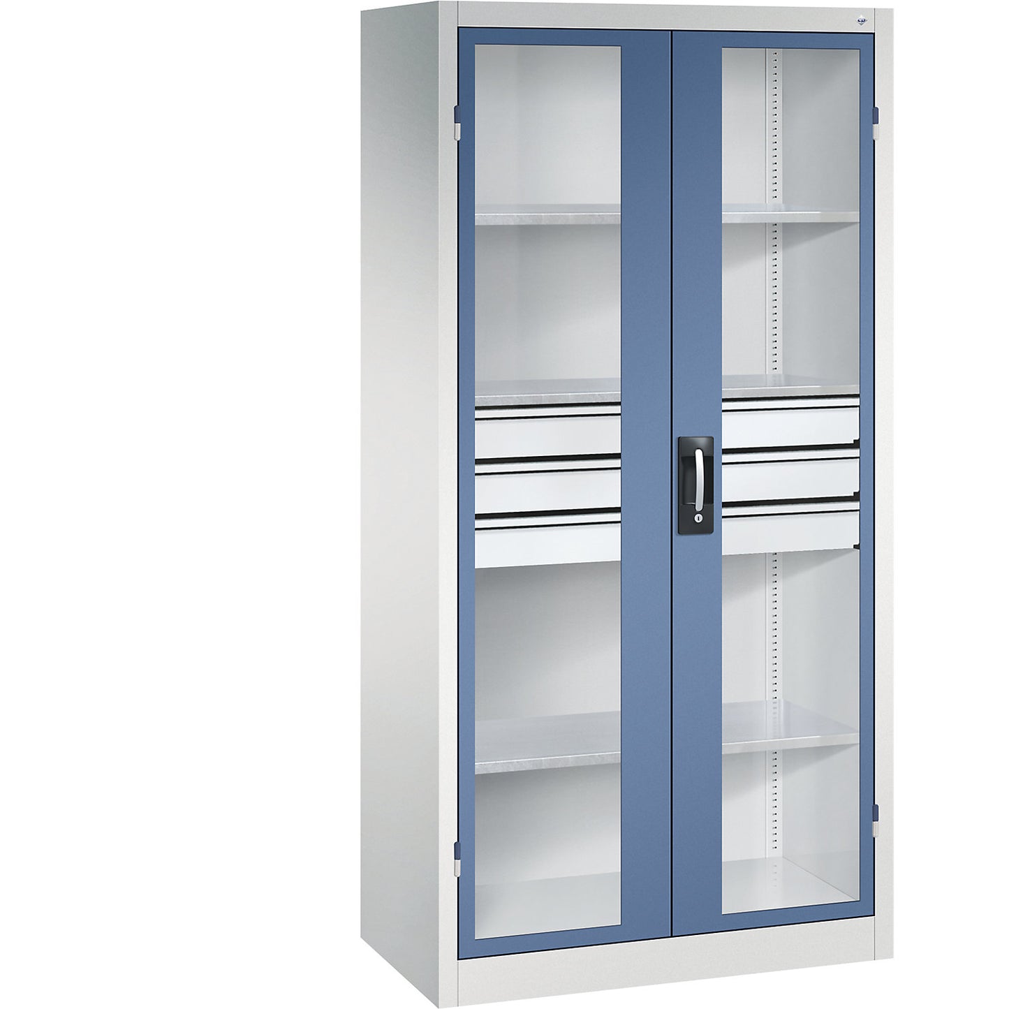 Vision panel double door cupboard, HxWxD 1950 x 930 x 500 mm, with 3 shelves, 3 drawers, light grey / distant blue.