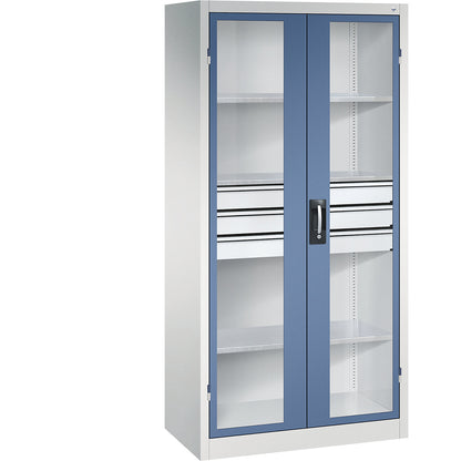 Vision panel double door cupboard, HxWxD 1950 x 930 x 500 mm, with 3 shelves, 3 drawers, light grey / distant blue.