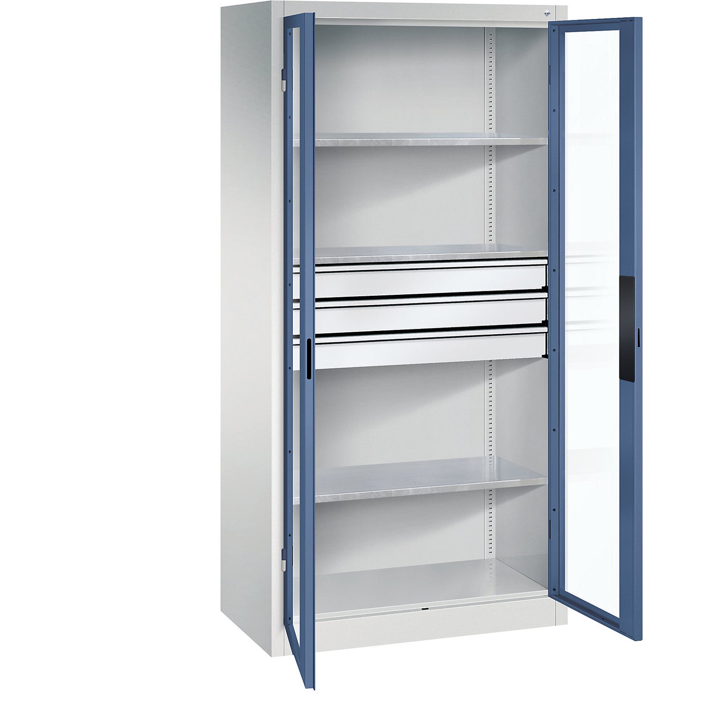 Vision panel double door cupboard, HxWxD 1950 x 930 x 500 mm, with 3 shelves, 3 drawers, light grey / distant blue.