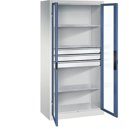 Vision panel double door cupboard, HxWxD 1950 x 930 x 500 mm, with 3 shelves, 3 drawers, light grey / distant blue.
