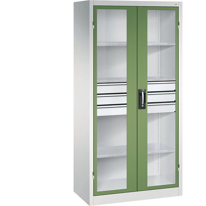 Vision panel double door cupboard, HxWxD 1950 x 930 x 500 mm, with 3 shelves, 3 drawers, light grey / reseda green.