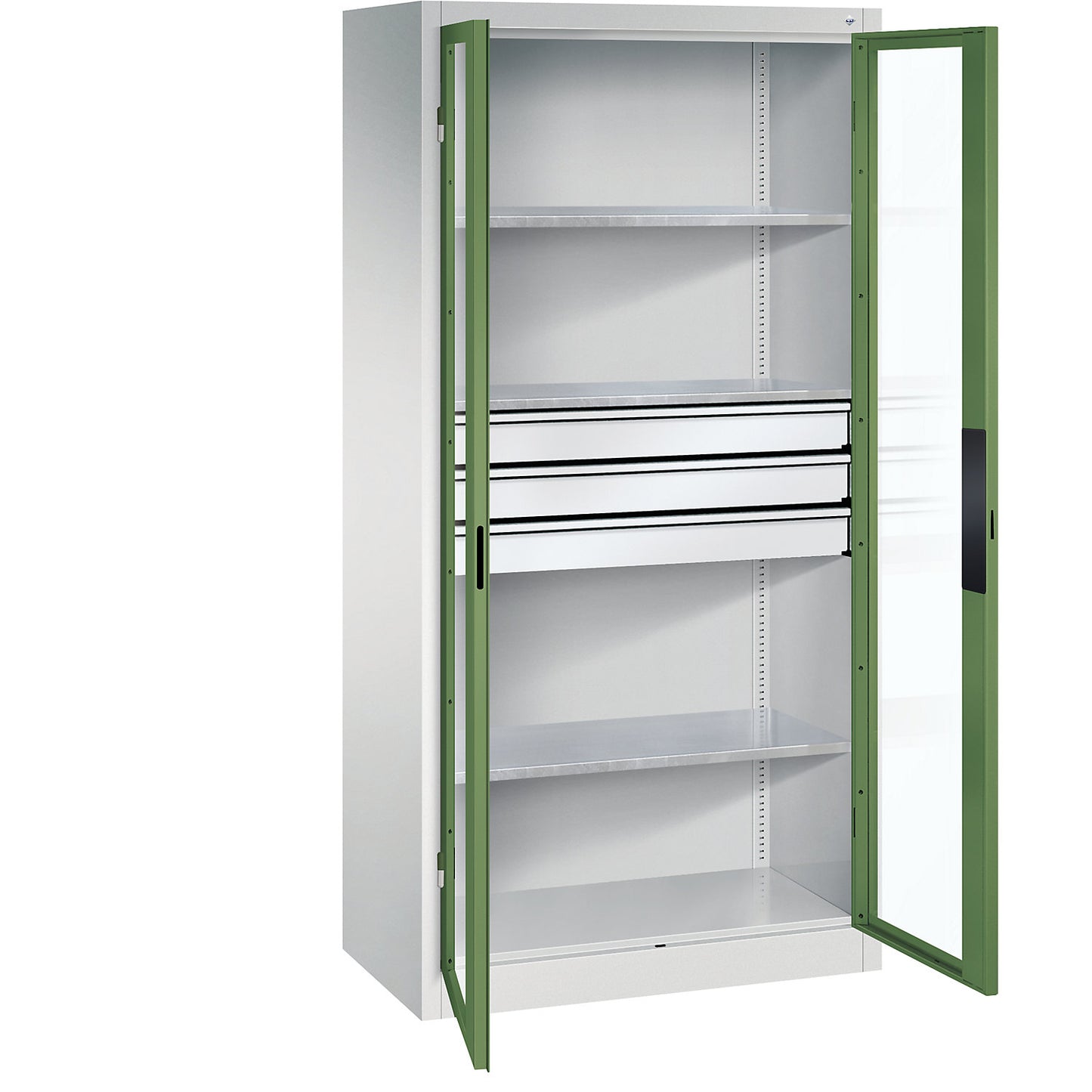 Vision panel double door cupboard, HxWxD 1950 x 930 x 500 mm, with 3 shelves, 3 drawers, light grey / reseda green.