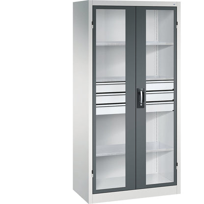 Vision panel double door cupboard, HxWxD 1950 x 930 x 500 mm, with 3 shelves, 3 drawers, light grey / charcoal.
