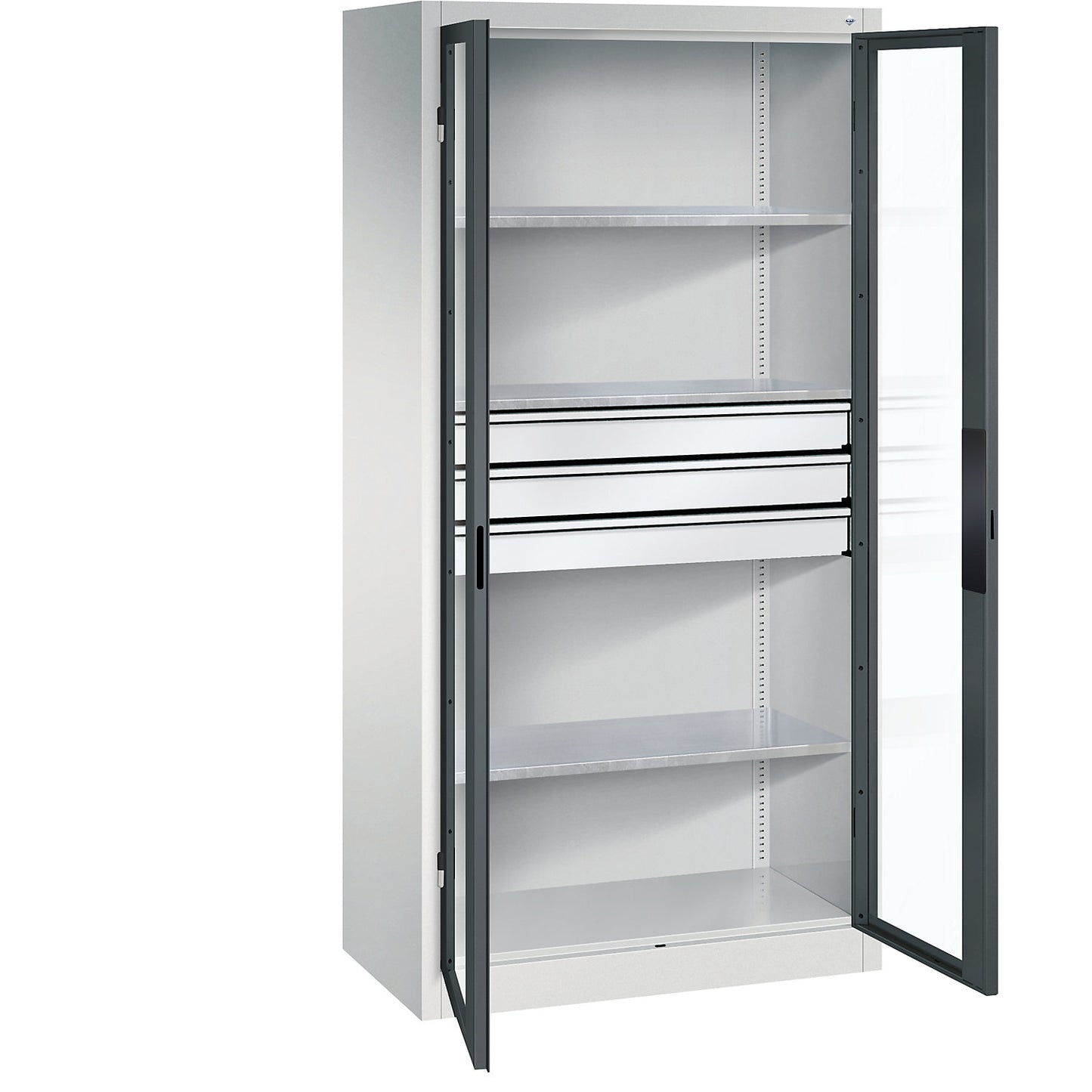Vision panel double door cupboard, HxWxD 1950 x 930 x 500 mm, with 3 shelves, 3 drawers, light grey / charcoal.