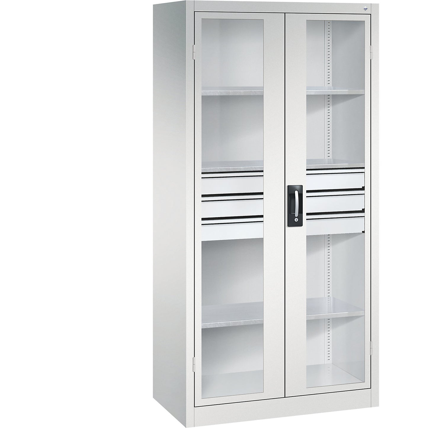 Vision panel double door cupboard, HxWxD 1950 x 930 x 500 mm, with 3 shelves, 3 drawers, light grey / light grey.