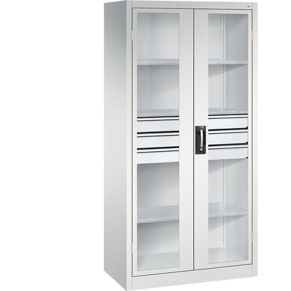 Vision panel double door cupboard, HxWxD 1950 x 930 x 500 mm, with 3 shelves, 3 drawers, light grey / light grey.