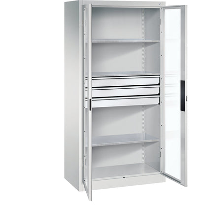 Vision panel double door cupboard, HxWxD 1950 x 930 x 500 mm, with 3 shelves, 3 drawers, light grey / light grey.