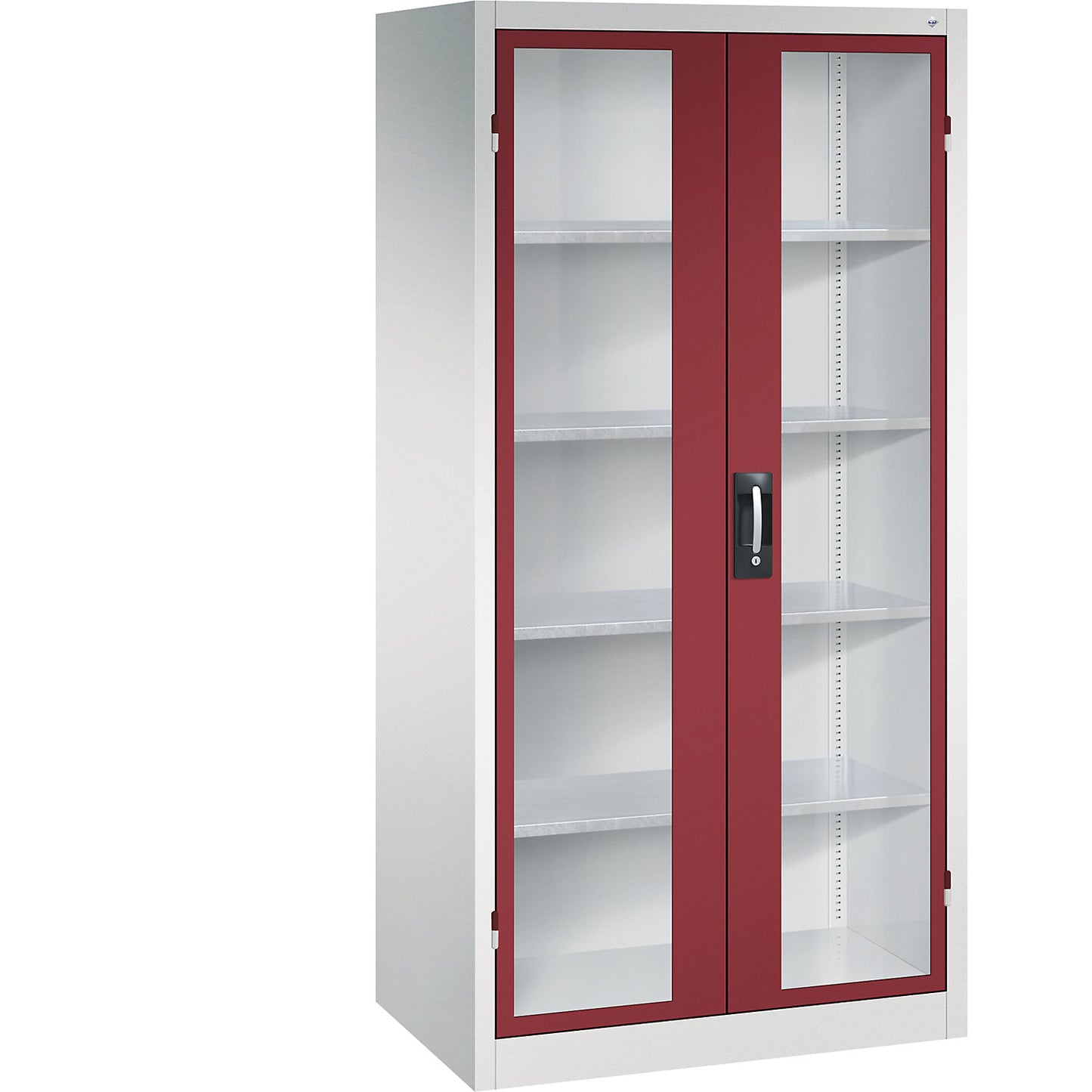 Vision panel double door cupboard, HxWxD 1950 x 930 x 600 mm, 4 shelves, light grey / ruby red.