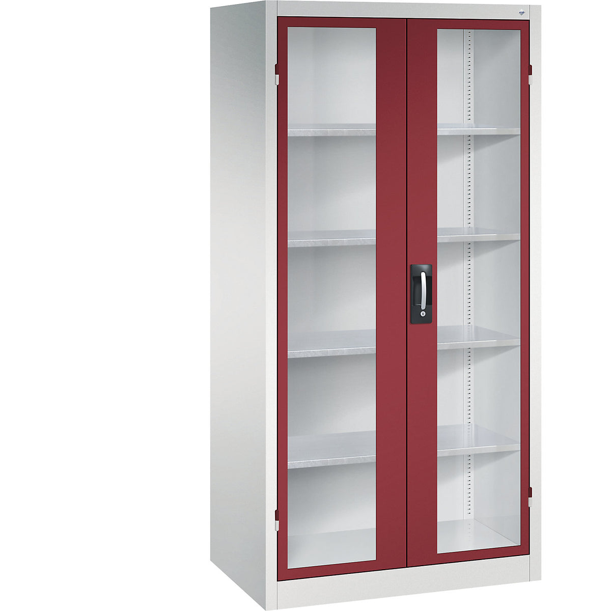 Vision panel double door cupboard, HxWxD 1950 x 930 x 600 mm, 4 shelves, light grey / ruby red.
