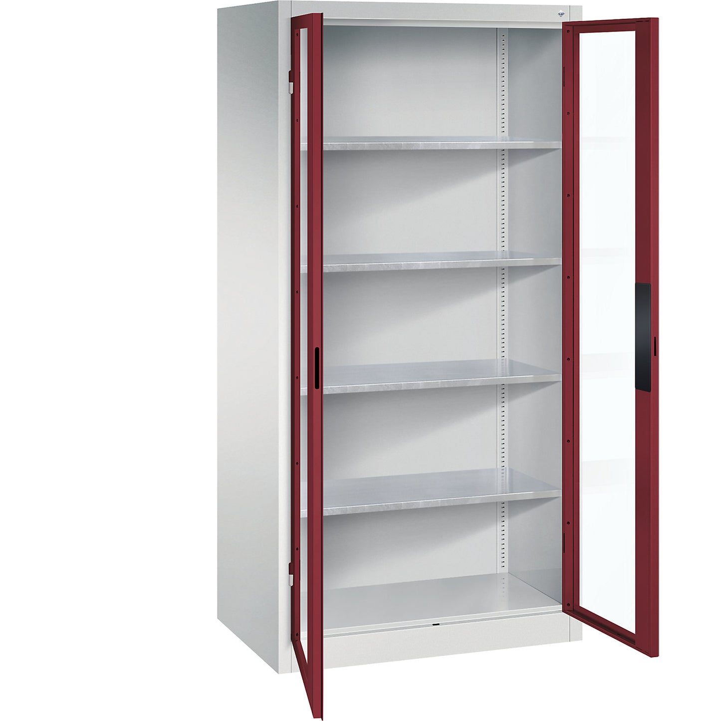 Vision panel double door cupboard, HxWxD 1950 x 930 x 600 mm, 4 shelves, light grey / ruby red.