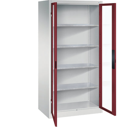 Vision panel double door cupboard, HxWxD 1950 x 930 x 600 mm, 4 shelves, light grey / ruby red.
