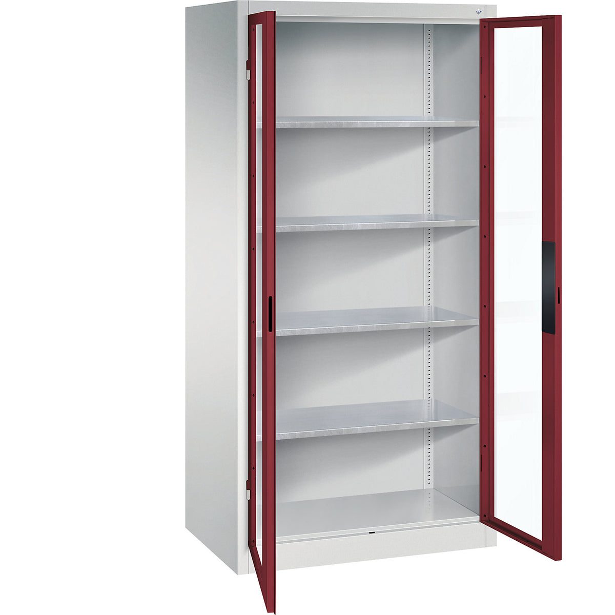 Vision panel double door cupboard, HxWxD 1950 x 930 x 600 mm, 4 shelves, light grey / ruby red.