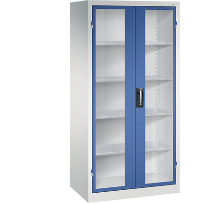 Vision panel double door cupboard, HxWxD 1950 x 930 x 600 mm, 4 shelves, light grey / gentian blue.