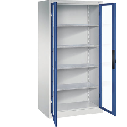 Vision panel double door cupboard, HxWxD 1950 x 930 x 600 mm, 4 shelves, light grey / gentian blue.