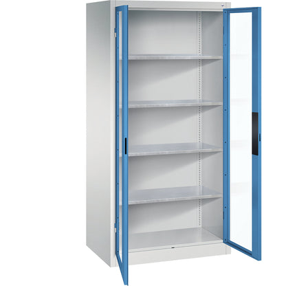 Vision panel double door cupboard, HxWxD 1950 x 930 x 600 mm, 4 shelves, light grey / light blue.